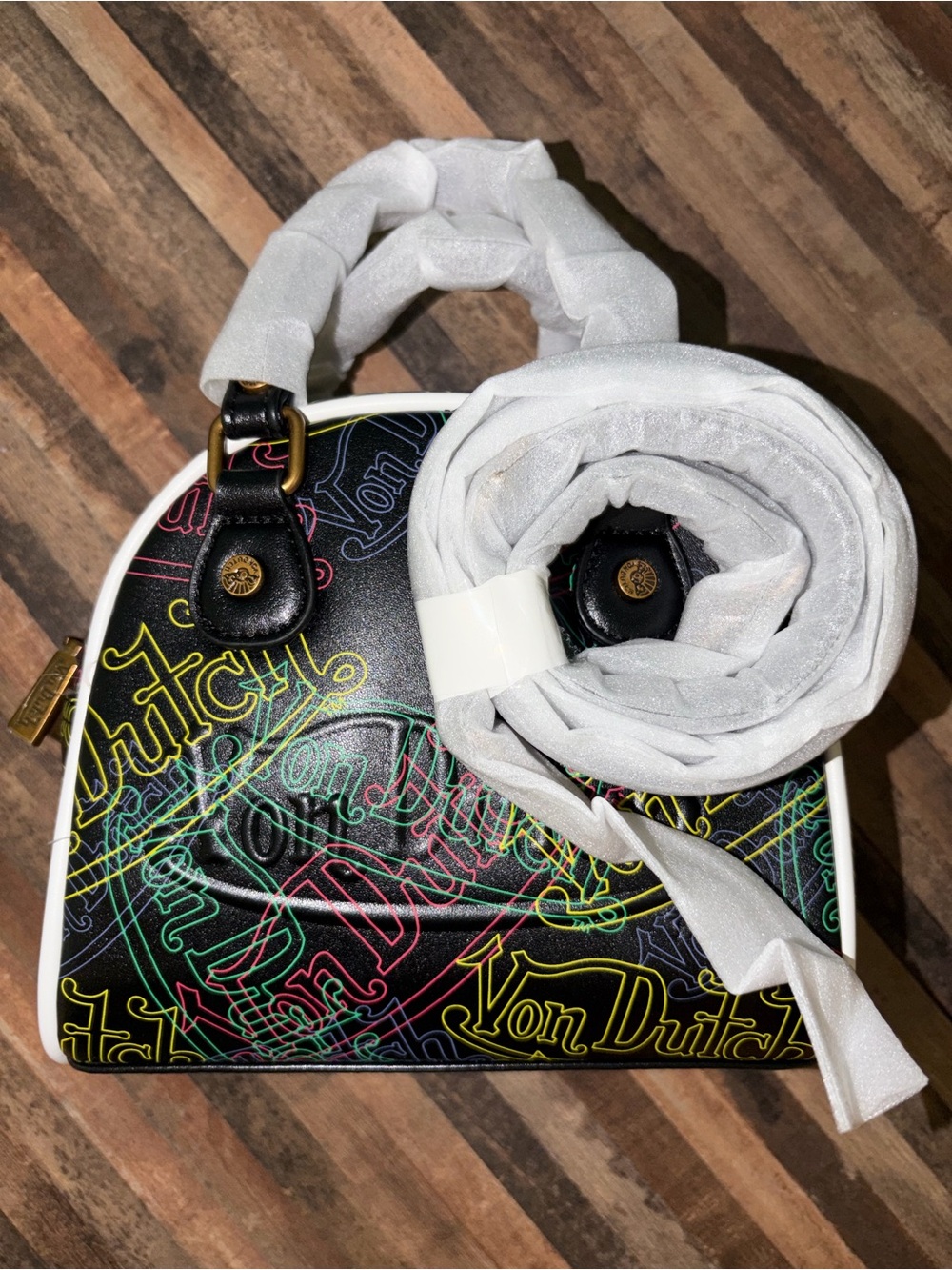 Von Dutch Neon Lights Signature Bowling Bag Logo Satchel with Detachable Strap - Picture 5 of 6